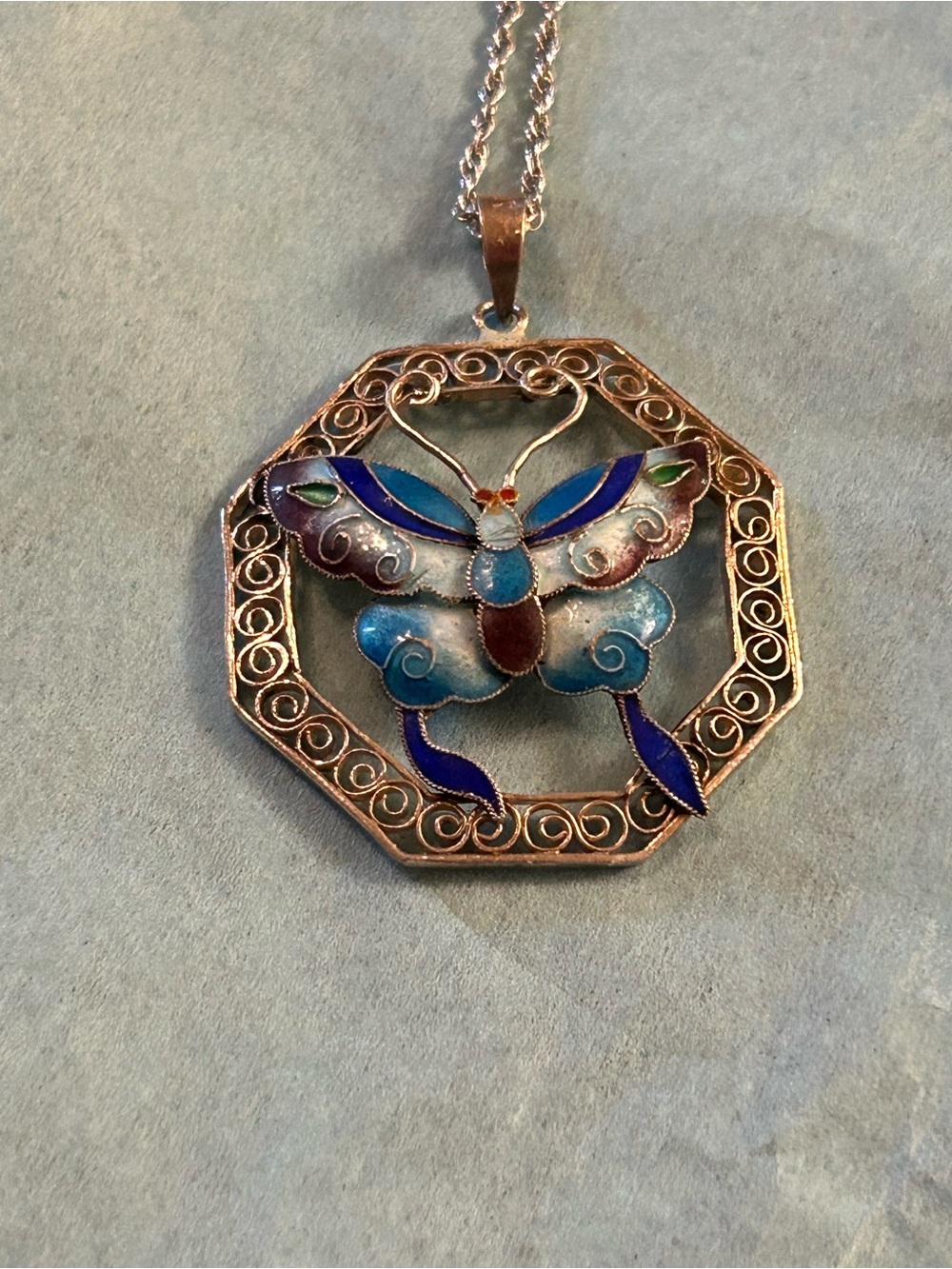 Vintage Butterfly Pendant Necklace in Blue and Sterling silver